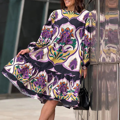 New Autumn Long Sleeve Casual Party Dress Vintage Pattern Print Loose Fit Oversized Dress Women Spring O Neck Pleated Long Dress
