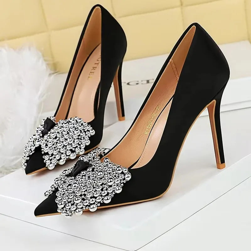 BIGTREE Shoes New Luxury Women Pumps Bowknot High Heels Silks Satins Shoe Upper Women Heels Stilettos Pointed End Women Shoes