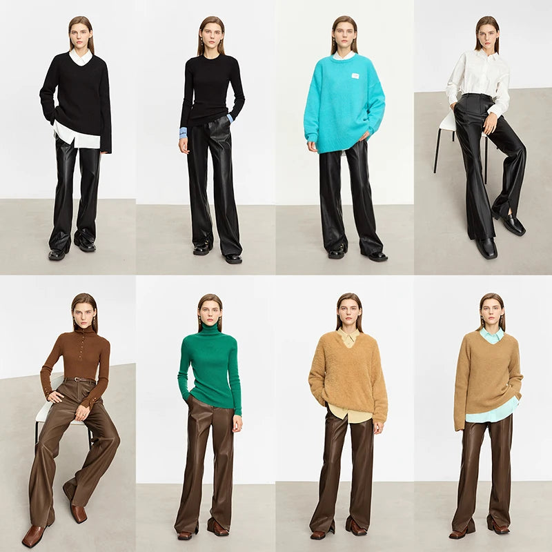 AMII Minimalist PU Leather Casual Pants for Women 2025 Autumn New Loose Floor Length Straight Slit Female Trousers 12343250