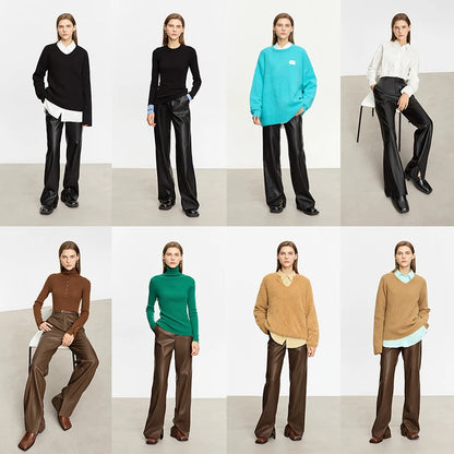 AMII Minimalist PU Leather Casual Pants for Women 2025 Autumn New Loose Floor Length Straight Slit Female Trousers 12343250