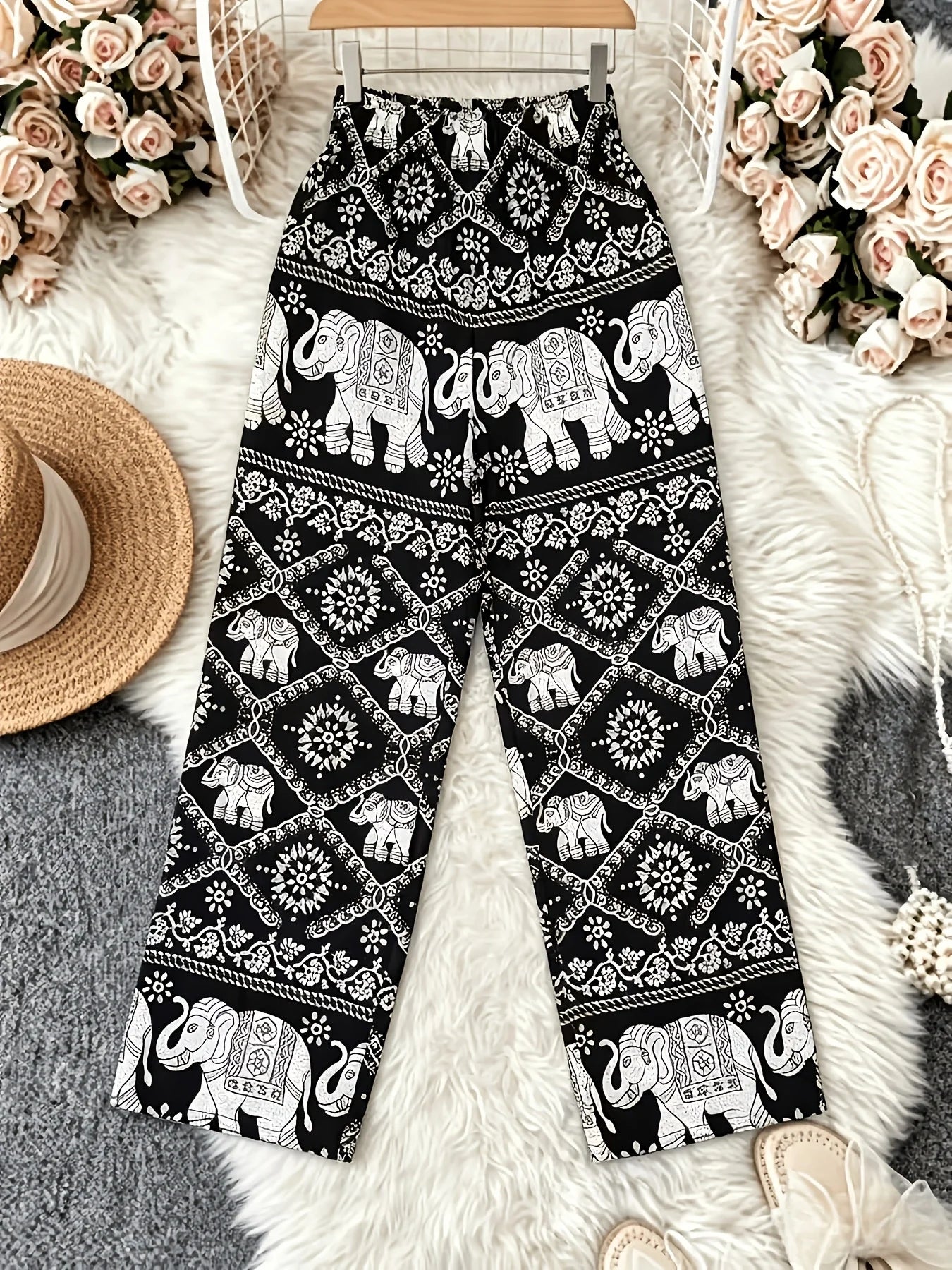 Black & White Elephant Print Tie-Waist Wide Leg Pants, Ethnic Style, Vacation Casual Trousers