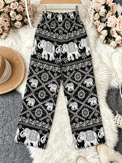 Black & White Elephant Print Tie-Waist Wide Leg Pants, Ethnic Style, Vacation Casual Trousers