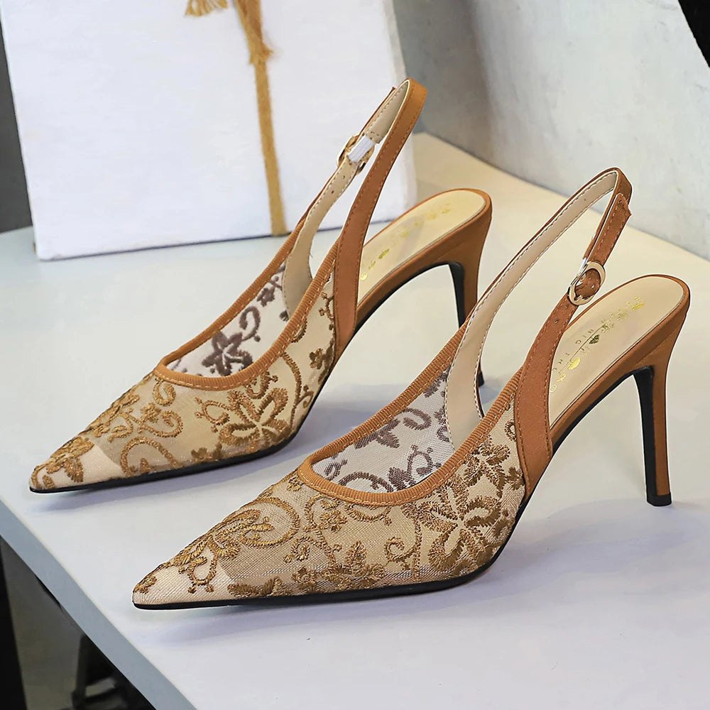 BIGTREE Shoes Lace Mesh Sandals For Women Wearing Heels Ladies Shoes Summer High-heeled Sandals Women Pumps Sexy Party Shoes