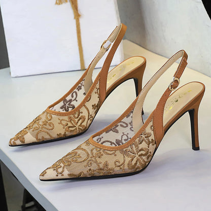 BIGTREE Shoes Lace Mesh Sandals For Women Wearing Heels Ladies Shoes Summer High-heeled Sandals Women Pumps Sexy Party Shoes