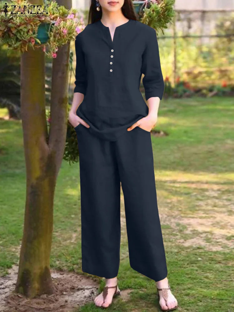 2025 Autumn Pant Sets ZANZEA Women 2PCS Outfits Elegant 3/4 Sleeve Blouse Wide Leg Trousers Suit Fashion Solid OL Work Tracksuit