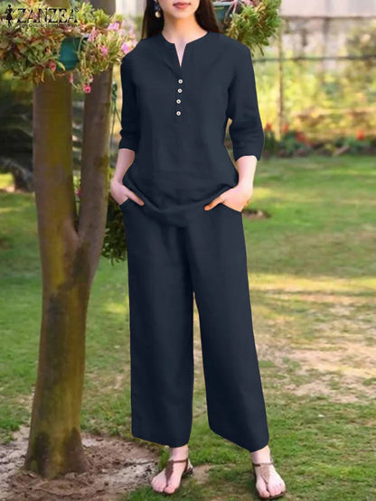 2025 Autumn Pant Sets ZANZEA Women 2PCS Outfits Elegant 3/4 Sleeve Blouse Wide Leg Trousers Suit Fashion Solid OL Work Tracksuit
