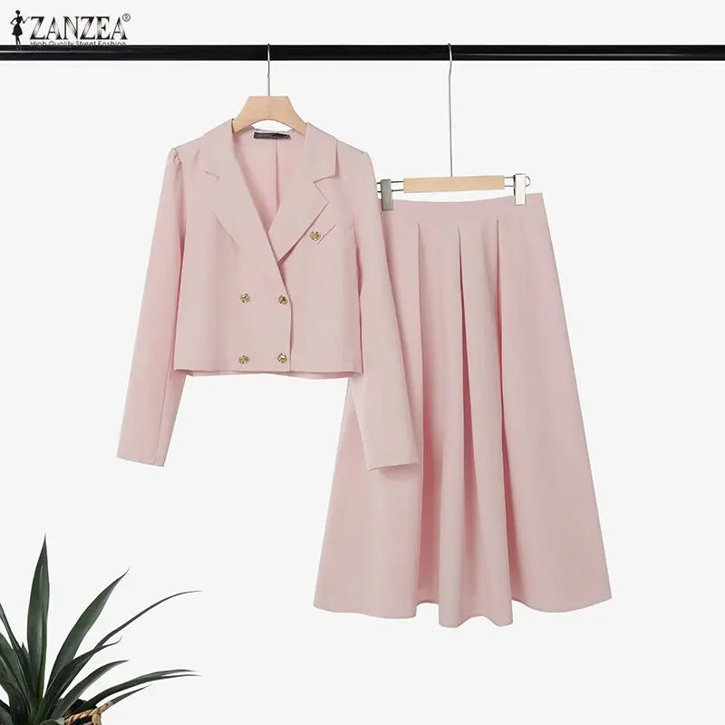 2026 ZANZEA Elegant Women OL Work Dress Sets 2026 Spring Lapel Neck Long Sleeve Shirt Tops Skirt Suit Solid Outfits 2 Piece Sets