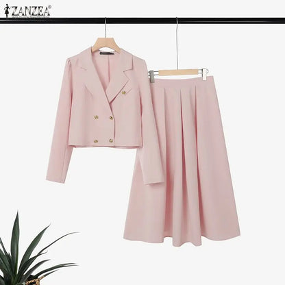 2026 ZANZEA Elegant Women OL Work Dress Sets 2026 Spring Lapel Neck Long Sleeve Shirt Tops Skirt Suit Solid Outfits 2 Piece Sets