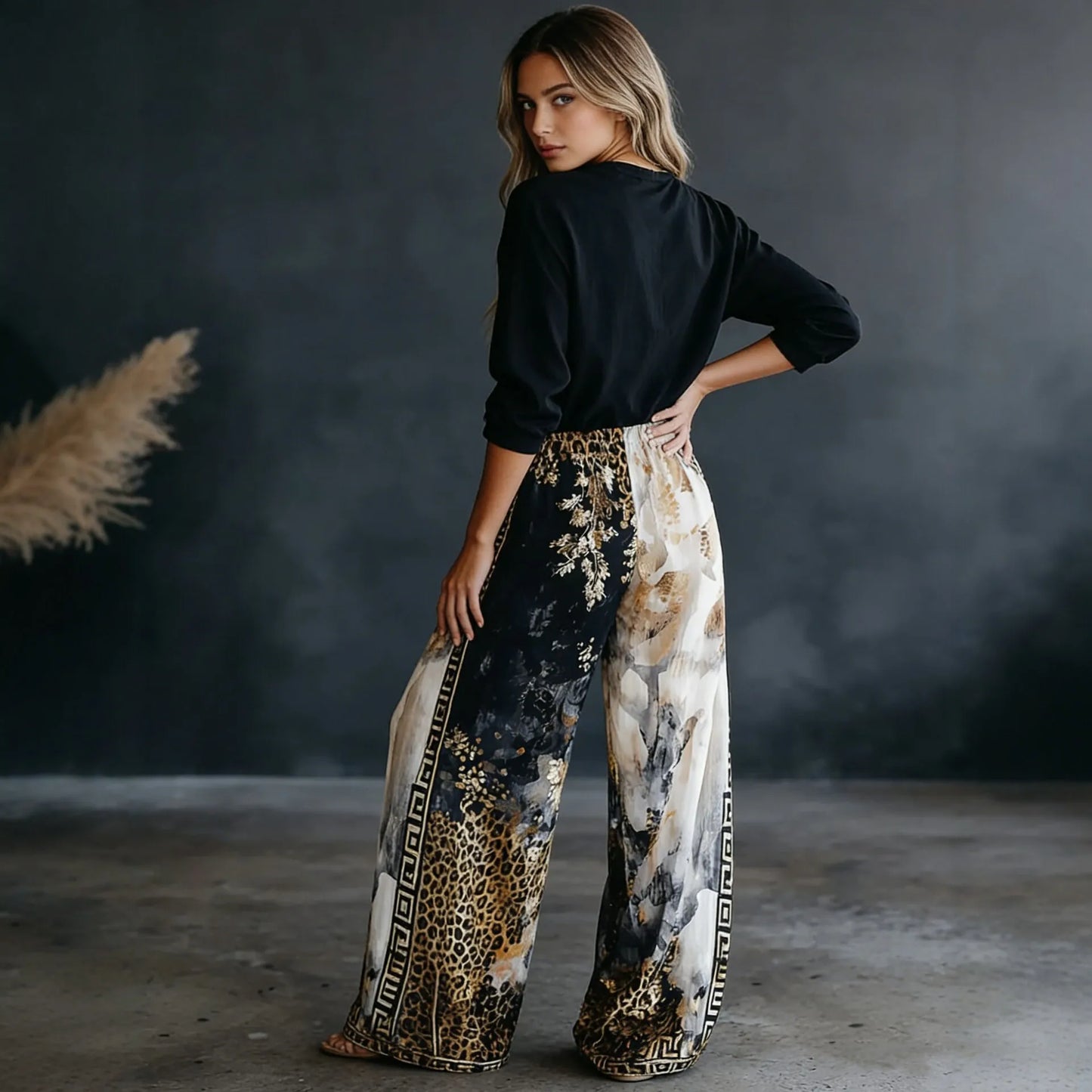 Women Color Block Leopard Print Wide Leg Pants Autum Elastic High Waist Loose Palazzo Trousers Casual Streetwear Holiday Pants