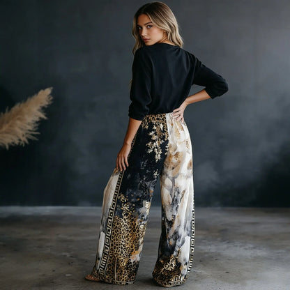 Women Color Block Leopard Print Wide Leg Pants Autum Elastic High Waist Loose Palazzo Trousers Casual Streetwear Holiday Pants