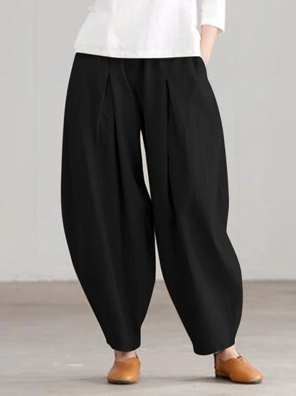 ZANZEA Summer Elastic Waist Solid Trousers Women Casual Baggy Pants Elegant Loose Wide Leg Pantalon Vintage Cotton Turnip 2024