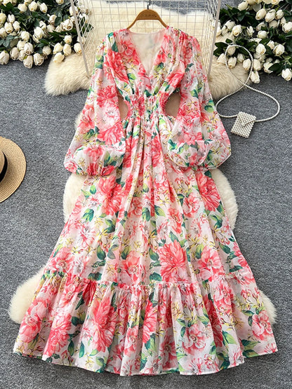 Spring Autumn French V-neck Lantern Sleeve Chiffon Dress Women Fashionable Elegant Elastic Waist Lotus Leaf Edge Length Dress L8