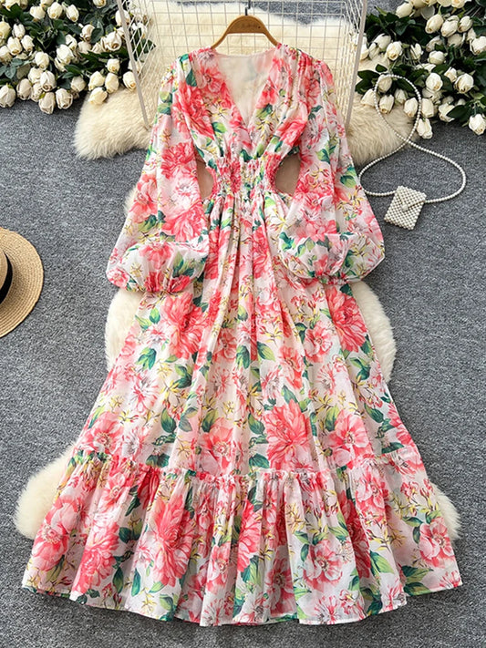 Spring Autumn French V-neck Lantern Sleeve Chiffon Dress Women Fashionable Elegant Elastic Waist Lotus Leaf Edge Length Dress L8