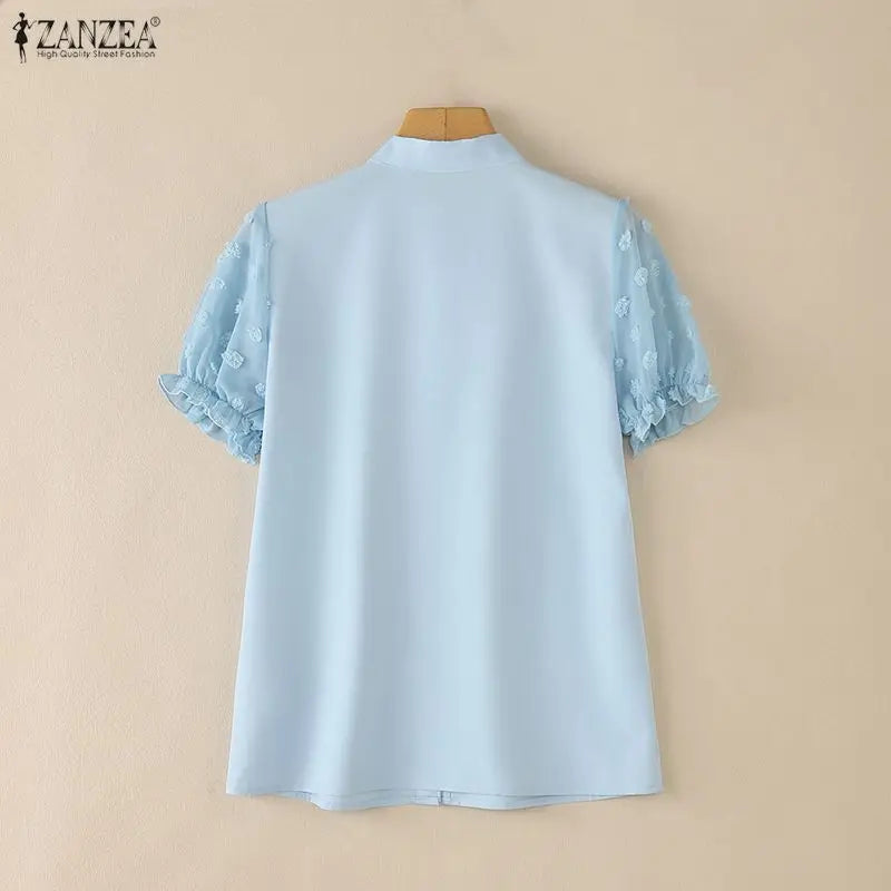 ZANZEA 2026 Summer Fil Coupe Shirts Women Elegant Tie-Neck Short Puff Sleeve Solid Color Button Up Tops Commute Work Camisas