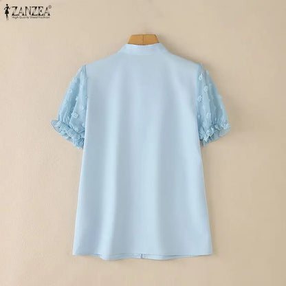ZANZEA 2026 Summer Fil Coupe Shirts Women Elegant Tie-Neck Short Puff Sleeve Solid Color Button Up Tops Commute Work Camisas