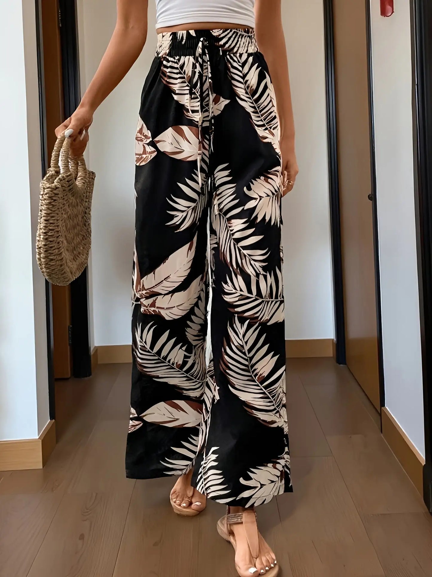 2026 Casual and Elegant Bohemian Style - Loose and Comfortable with Leaf Printed Wide Leg Elastic Waist Wide Leg Pants
