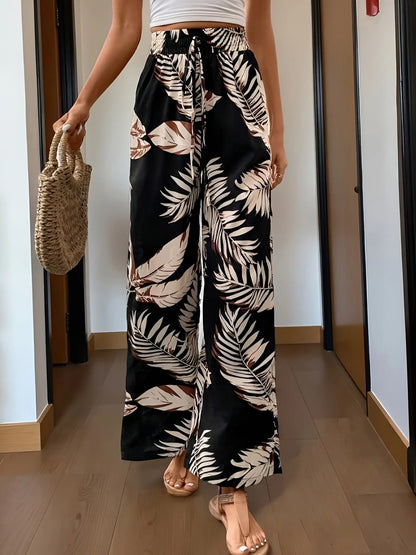 2026 Casual and Elegant Bohemian Style - Loose and Comfortable with Leaf Printed Wide Leg Elastic Waist Wide Leg Pants