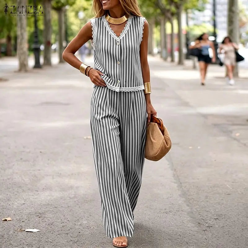 ZANZEA Summer Elegant V Neck Sleeveless Striped Lace Trim Blouse Pants Sets Women Outfits Casual OL Work Tracksuit 2 Pieces Sets
