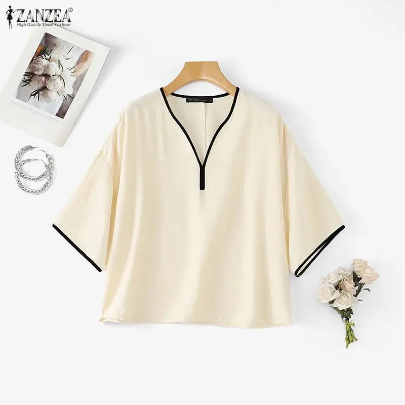 ZANZEA Woman Casual Blouses Contrast-Trim V-Neck 3/4 Sleeve Loose Tunic Tops Autumn 2026 Minimalist Daily Wear Blusas Mujer