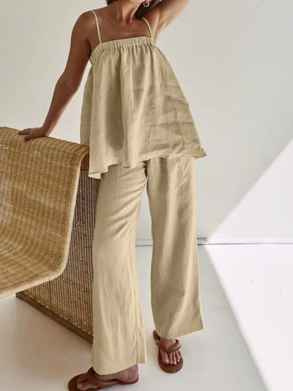 Women Linen Two Piece Set Spaghetti Strap Loose Cami Top Wide Leg Pants Summer Casual Vacation Outfit Matching Suit