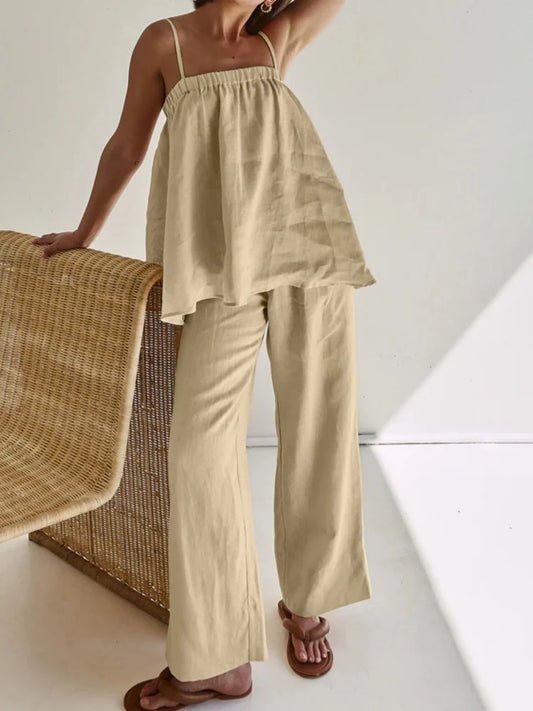 Women Linen Two Piece Set Spaghetti Strap Loose Cami Top Wide Leg Pants Summer Casual Vacation Outfit Matching Suit