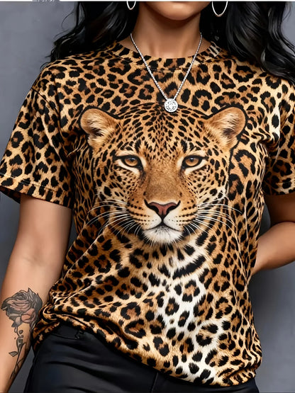 Leopard Print Women T Shirt Casual Short Sleeve O-neck Animal Print Summer Oversized Streetwear Tops