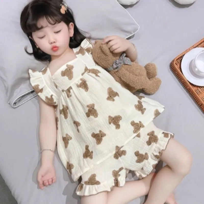 Summer Lightweight Cartoon Cherry Bear Pajamas Set Tank Top and Shorts for Women Girls Kids Baby Loungewear