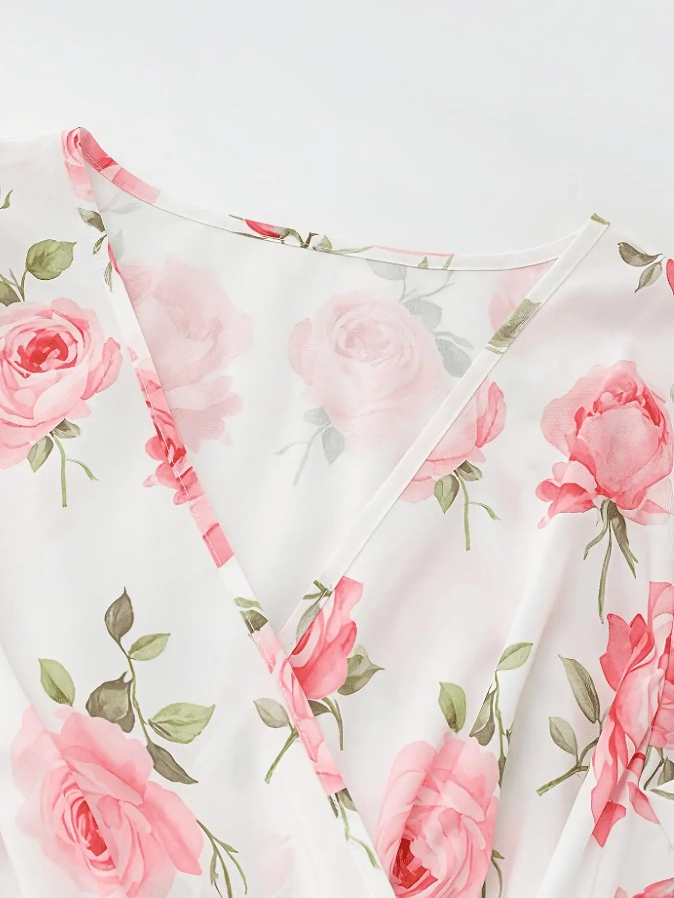 Elegant V-Neck A-Line Long Dress Soft Rose Print Summer Vacation Gown Women's Casual Maxi Skirt