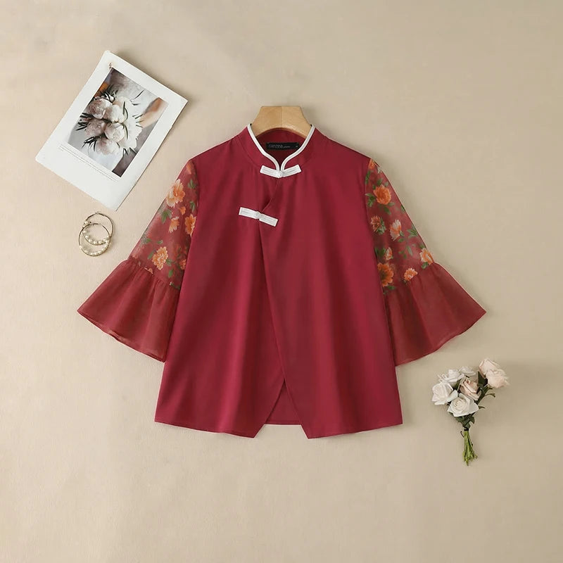 ZANZEA Chinese Style Woman Floral Chiffon Patchwork Sleeves Blouses Mandarin Collar Vintage Tops Summer Elegant Daily Wear Blusa