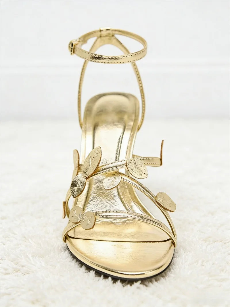 Luxury Gold Leaf Decoration Heeled Sandals Women Sexy Open Toe Ankle Strap Thin High Heels Elegant Banquet Dress Designer Shoes
