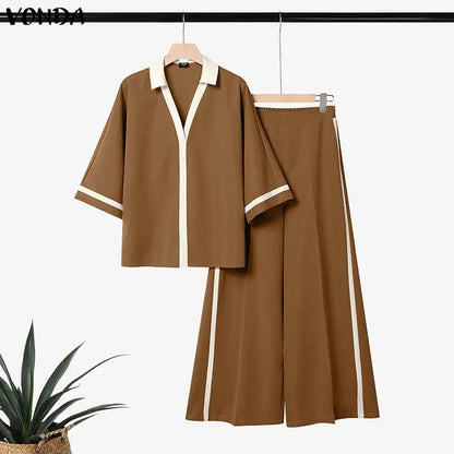 VONDA Summer Autumn Women Pants Sets Fashion Patchwork Plus Size Sets Female 3/4 Sleeve Tops Wide Leg Pant  L-5XL Streetwear