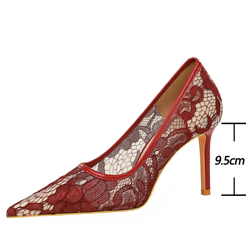 BIGTREE Shoes Wine Red Lace Women Pumps Mesh Hollow High Heels Sexy Party Shoes Stilettos Pointed Toe Female Pumps Tacones
