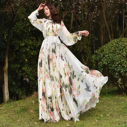 Spring Summer New Floral Printed Light Luxurious Elegant Retro Front Long Sleeve Long High-End High Street Chiffon Dress TS965