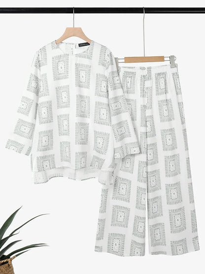 ZANZEA 2025 Autumn Printed Tracksuit Vintage Women Matching Sets Casual O Neck Long Sleeve Tops Wide Leg Pant Sets Loose Outfits