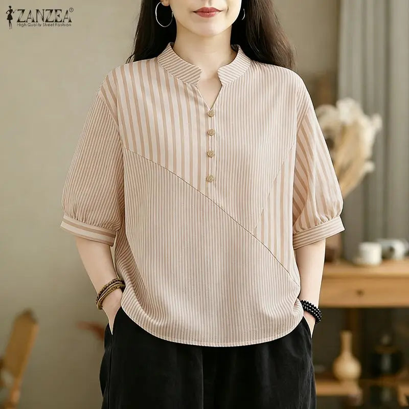 ZANZEA Casual Striped Patchwork Blouses for Woman Stand Collar Half Puff Sleeve Day Wear Tops Summer 2026 Loose Blusas de Mujer