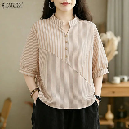 ZANZEA Casual Striped Patchwork Blouses for Woman Stand Collar Half Puff Sleeve Day Wear Tops Summer 2026 Loose Blusas de Mujer