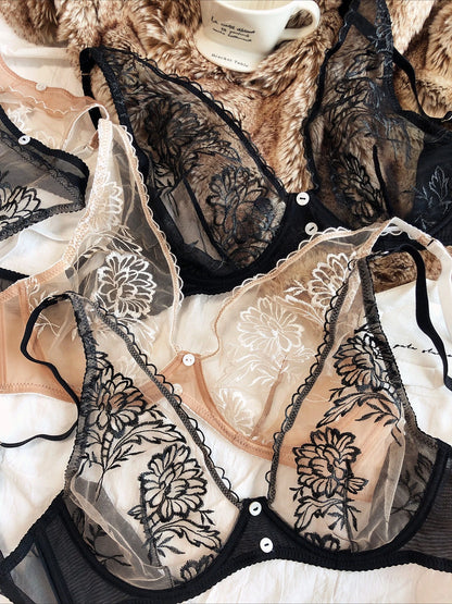 French Sexy Ultra Thin Women Underwear Deep V Push Up Bra Romantic Lace Flowers Embroidery Lingerie Wire Free Bra and Thong Sets