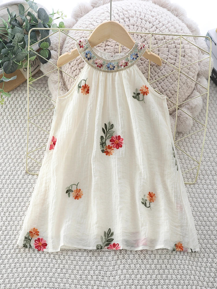 Girls Sweet Dresses Summer Embroidered Sleeveless Hanging Neck Beach Dress Leisure Vacation Dress Kids Clothes