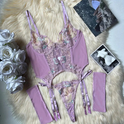Floral Embroidery Mesh Corset Lingerie Set See Through Garter Belt 3 Piece Sexy Outfit Valentine Boudoir Photoshoot Romantic