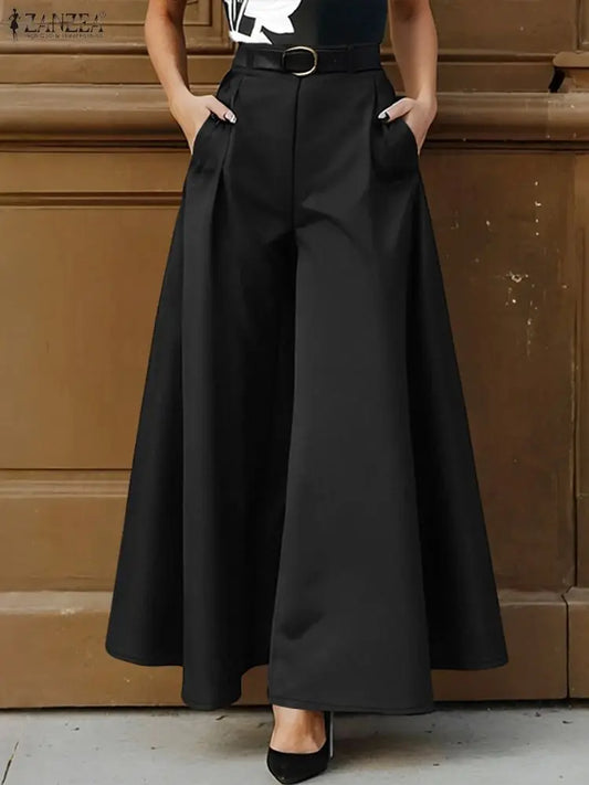 ZANZEA Stylish Women's Wide Leg Pants Elegant High Waist Loose Solid Color Trousers 2025 Autumn Commuting Streetwear S-3XL