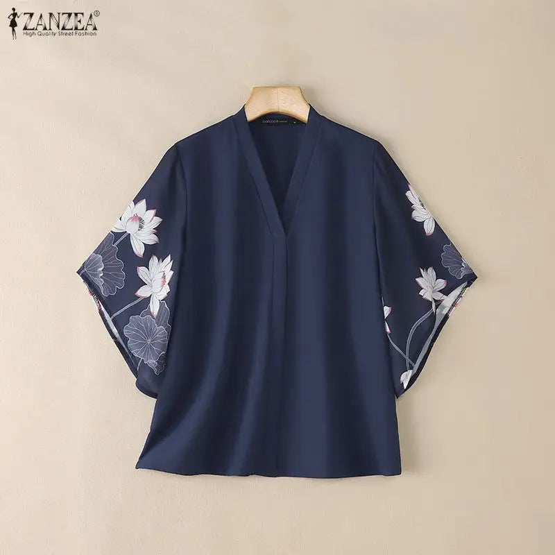 ZANZEA Floral Print Patchwork Casual Blouses for Woman V-Neck 3/4 Sleeve Blusas de Mujer Spring Summer Elegant Loose Tunic Tops