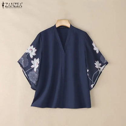 ZANZEA Floral Print Patchwork Casual Blouses for Woman V-Neck 3/4 Sleeve Blusas de Mujer Spring Summer Elegant Loose Tunic Tops