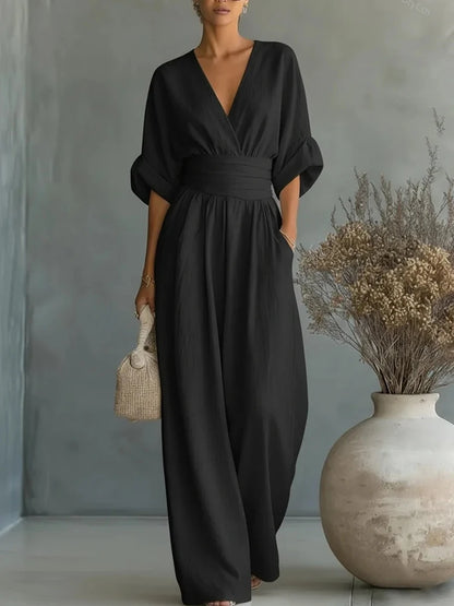 Women Elegant High Waist Jumpsuits Summer Short Sleeve Wide Leg Pants Romper Casual V Neck Solid Loose Jumpsuits Streetwear