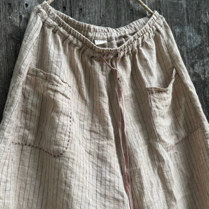 Women's Striped Linen Pants Autumn 2025 Wide Leg Vintage Style Loose Pants Pockets Breathable Woman Clothing Casual Trousers