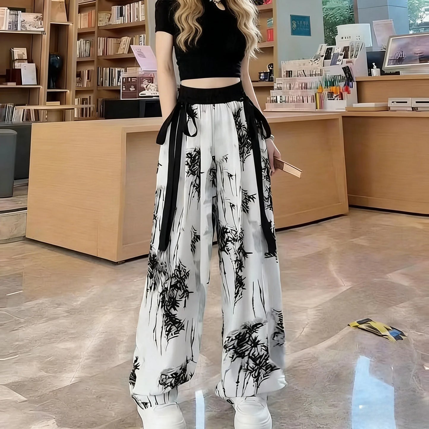 Ink Painting Printed High Waisted Wide Leg Pants for Women Summer Thin Chiffon Streamers Loose Casual Floor Mopping Pants