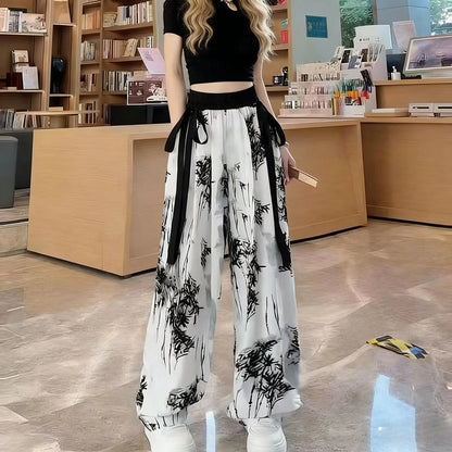 Ink Painting Printed High Waisted Wide Leg Pants for Women Summer Thin Chiffon Streamers Loose Casual Floor Mopping Pants