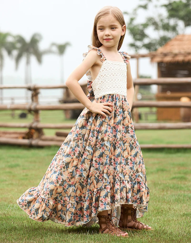 BIBIHOU Bohemian Style Dress for Girls Elegant Vintage Butterfly Costume Long dress Girls Clothes From 4 to 12 years old