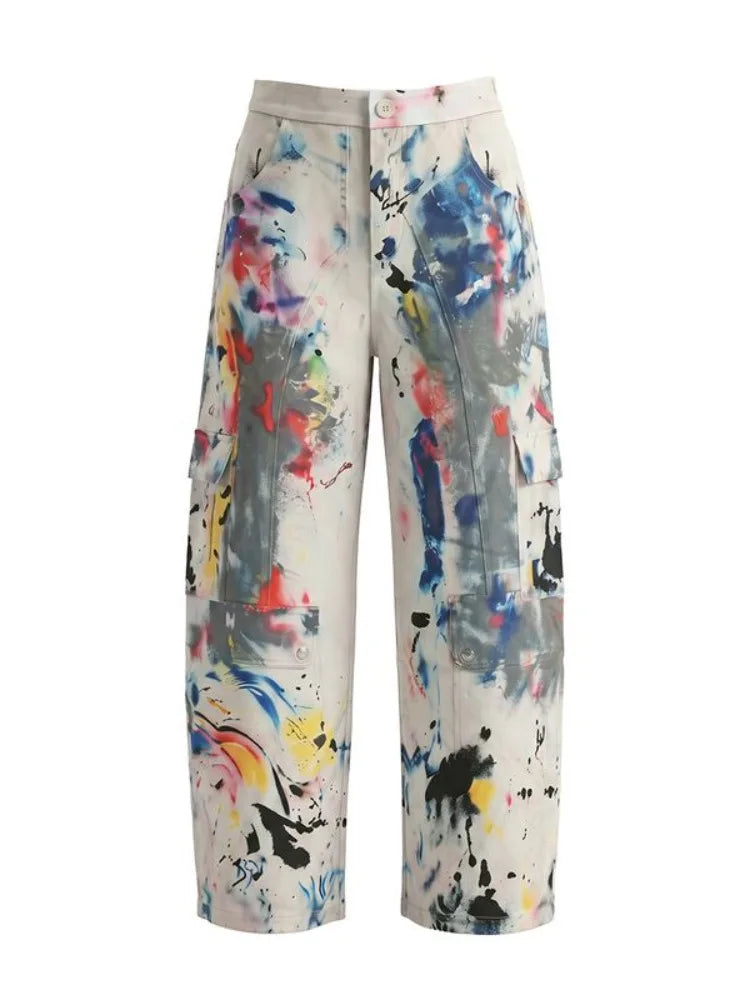 Yeezzi Women Colorful Contrast Color Printed Wide Leg Cargo Pants High Waist Multi Pockets Straight Casual Streetwear Trousers