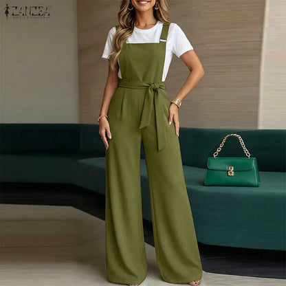 ZANZEA Elegant Wide Leg Bib Jumpsuits with Adjustable Suspender Strap & Detachable Sash, Summer Women Casual Overalls Streetwear