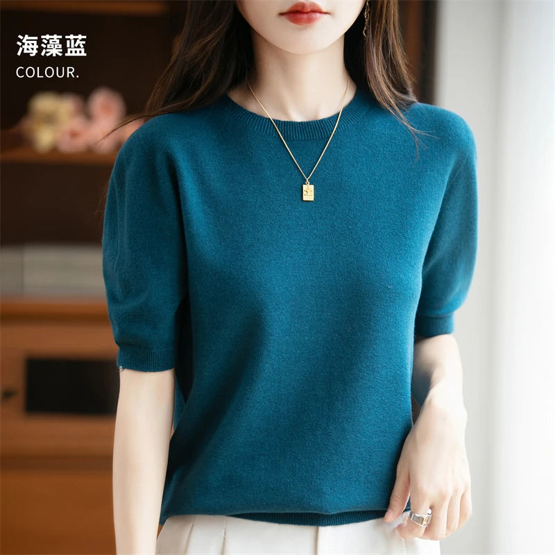 Autumn Women 100% Merino Wool Sweater O-Neck Cashmere Pullover Basic Fashion Short Sleeve Clothing Comfort Top Casual Solid